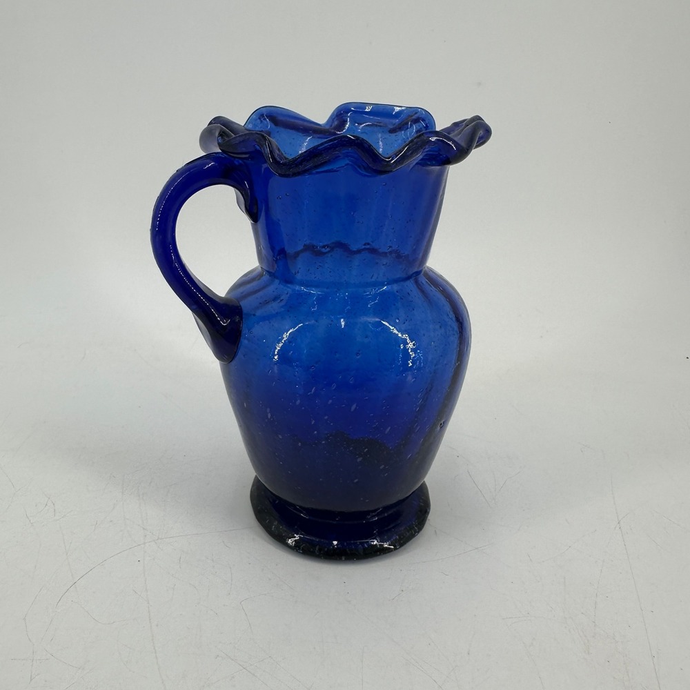 Vintage Cobalt Blue Hand Blown Glass Pitcher Ruffled Rim Seeded Glass 5 inch